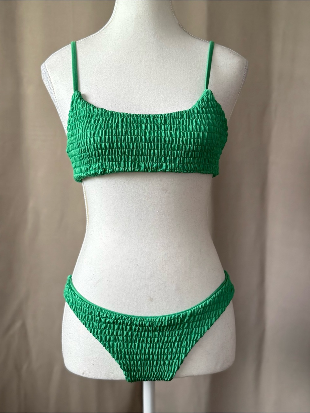 Green Smocked Skimpy Cheeky Bikini Set - Women Swim